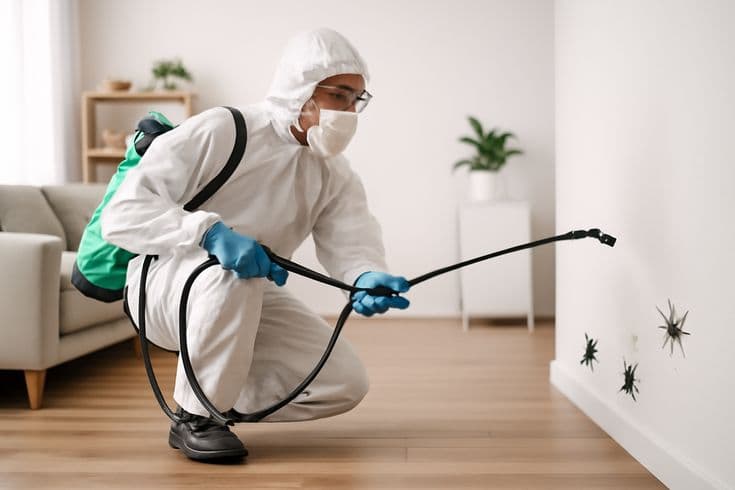 Field technician performing indoor pest control service work
